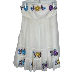 Tibi New York Strapless Mini Dress Women's Size 8 Ivory Silk Cotton Embroidered